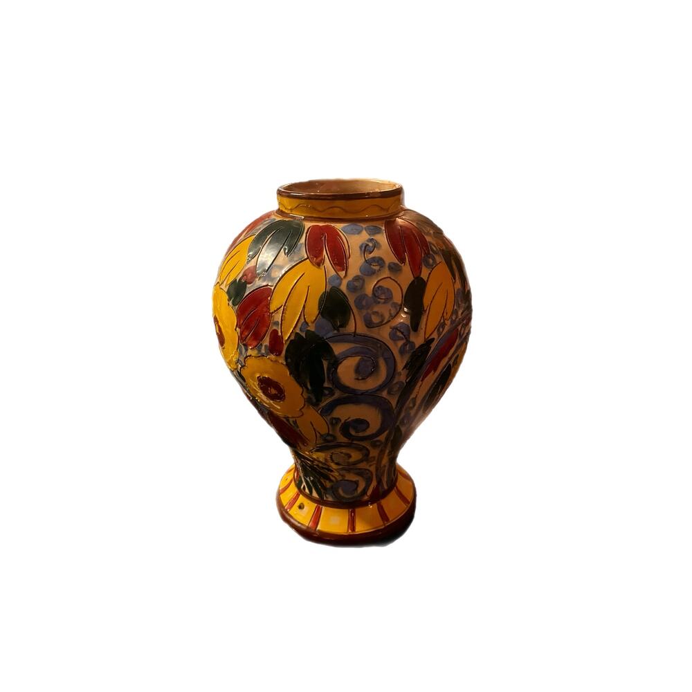 Vintage Italian Majolica Sgraffito Hand-painted Floral Pottery Vase